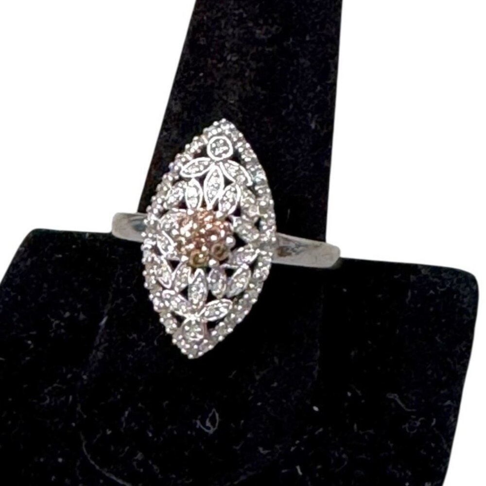 Jane Seymour JWBR Sterling Silver 925 Champagne White Diamond Navette Ring Sz 10